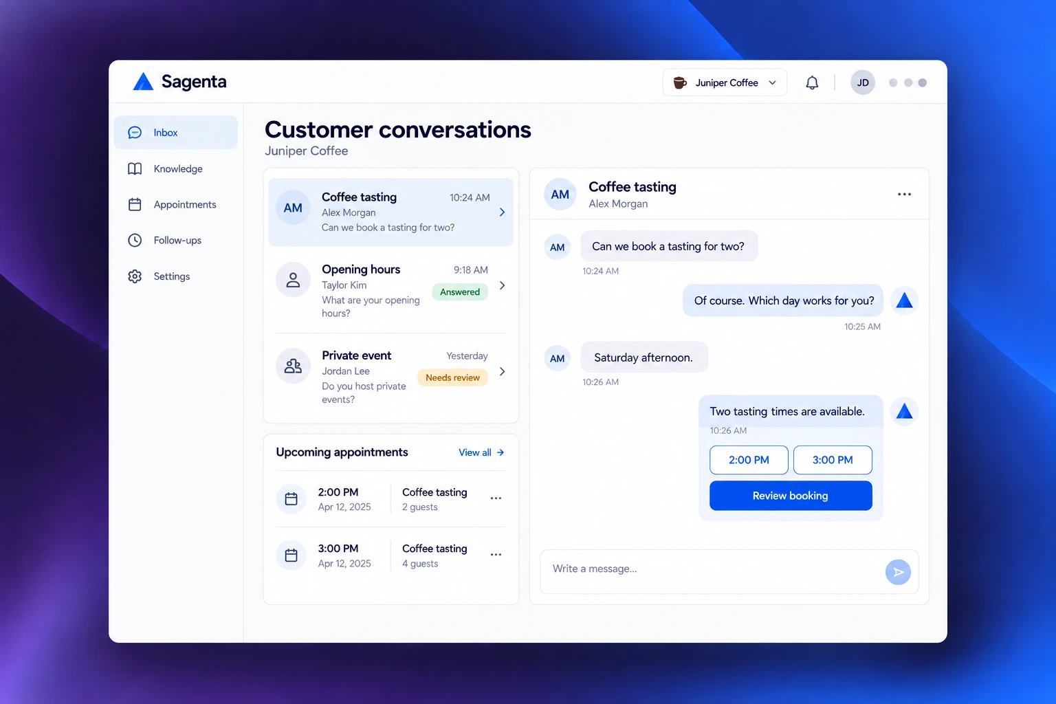 Sagenta coffee-shop receptionist concept showing customer inquiries, a booking conversation, and upcoming appointments